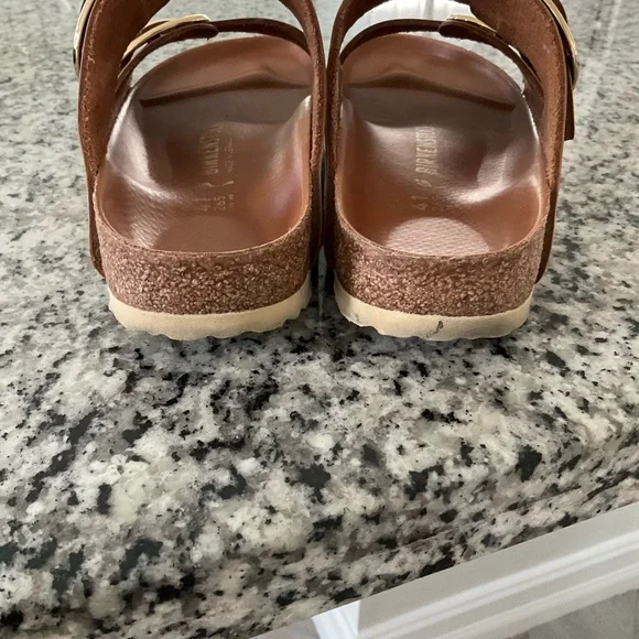 Birkenstock Brown Leather Double Buckle Sandals with Gold Buckles - Picture 6 of 9